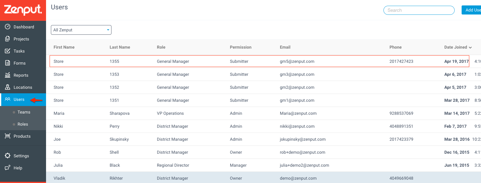 Users section in Zenput