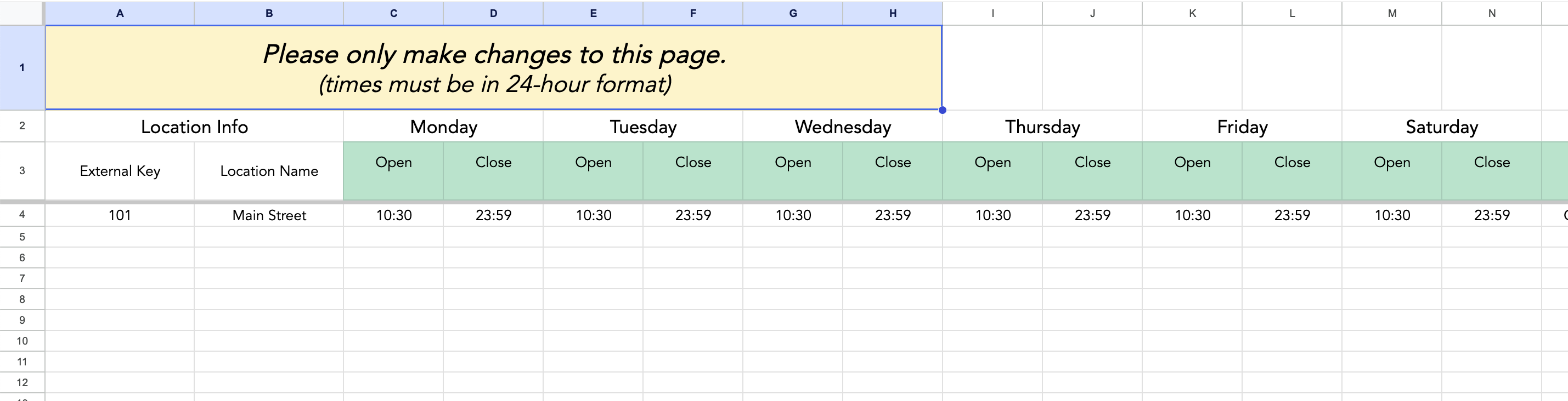 Calendar Events spreadsheet preview