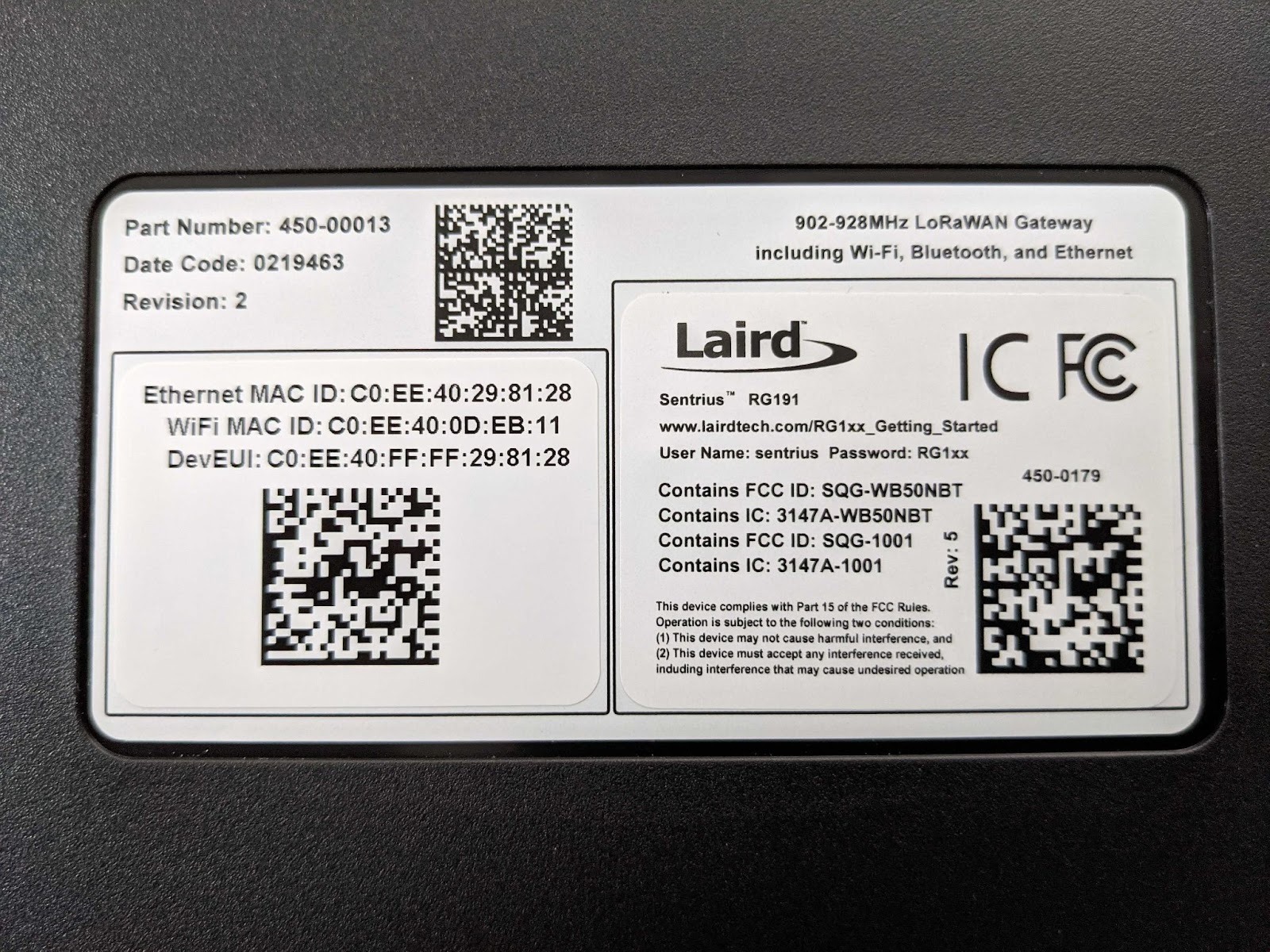 Gateway back panel showing barcodes