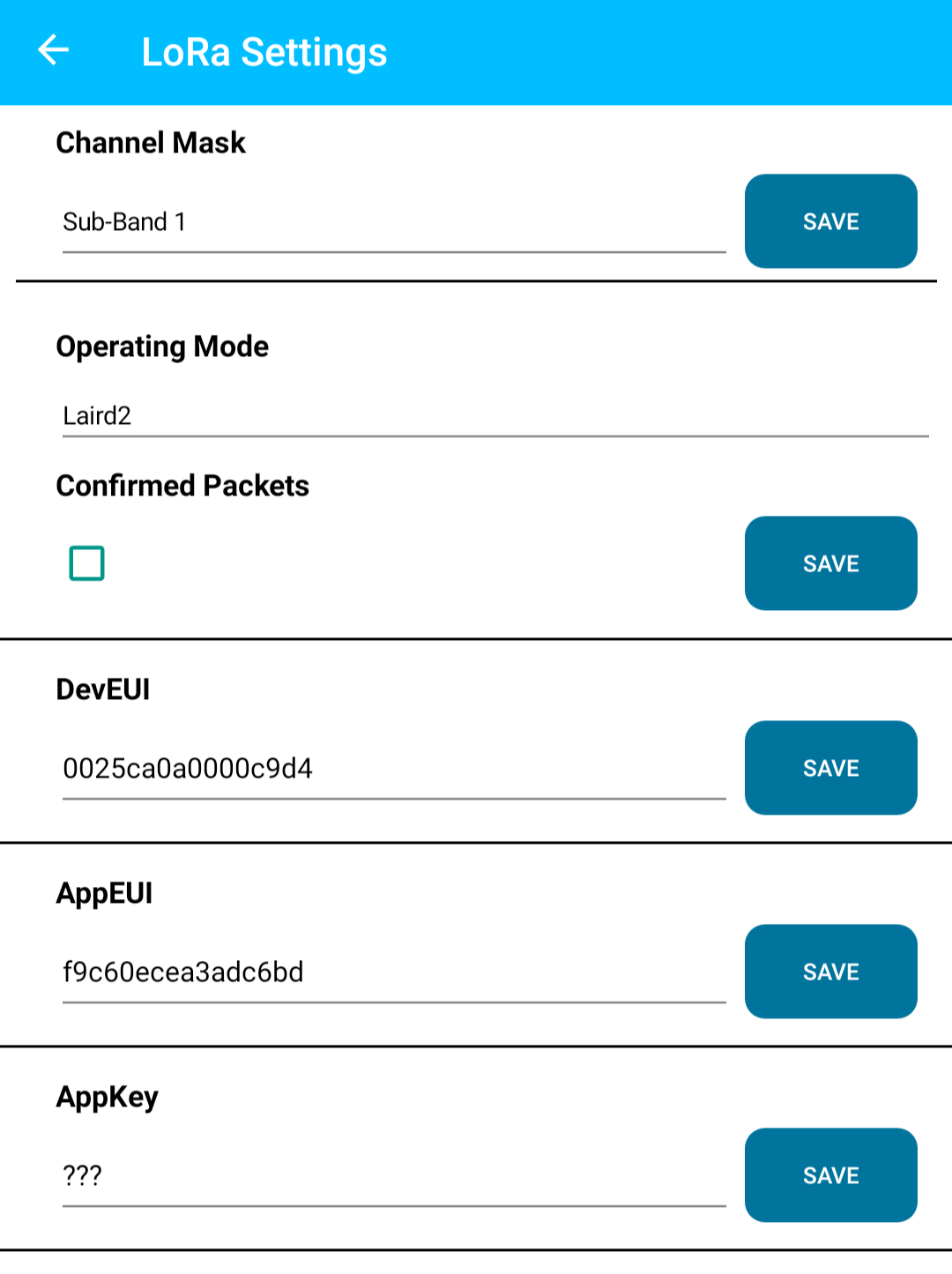 LoRa settings screen