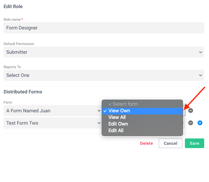 Form permission dropdown