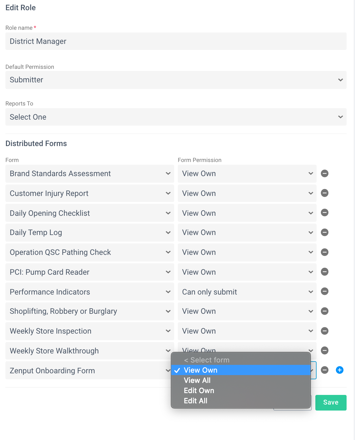 Form permission levels dropdown