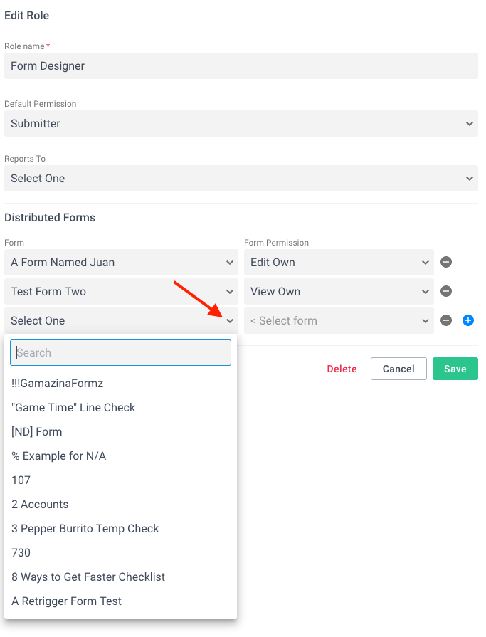 Select form from dropdown