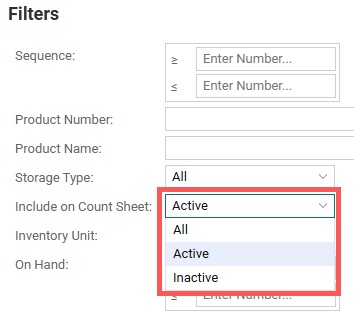An image of the filter settings on the Inventory Setup Screen in Net-Chef