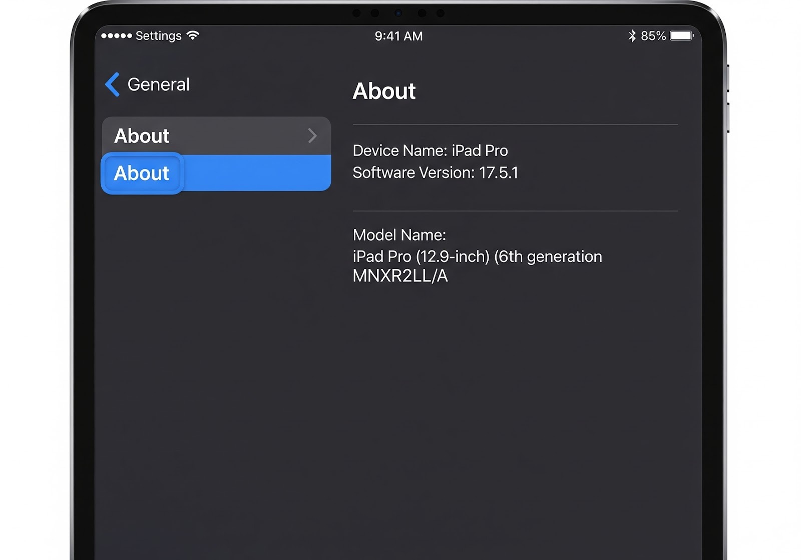 A screenshot of an iPad screen showing the Settings application open to the General section, with the 'About' menu item selected. The screen shows the device name, software version, model name, and model number.