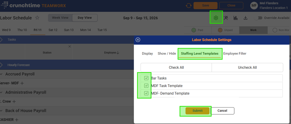 Labor Schedule Settings showing the checkboxes and save options